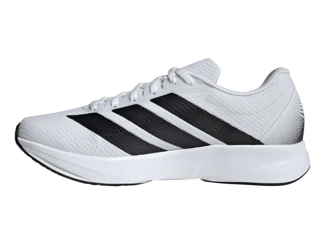 Tenis deportivos Adidas Duramo RC2 blancos con tres franjas negras laterales y suela blanca.