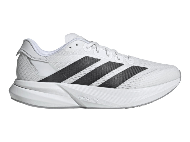 Tenis Adidas Duramo Speed 2 color blanco con tres franjas negras laterales y suela blanca.