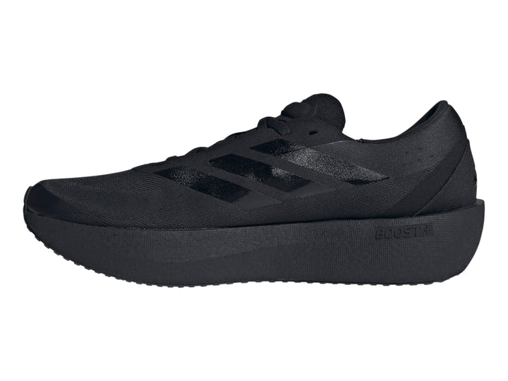 Tenis deportivos Adidas Zenboost color negro con suela gruesa y franjas laterales brillantes.