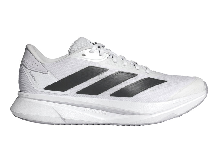 Tenis Adidas Duramo SL2 blancos con tres franjas negras laterales y suela blanca.