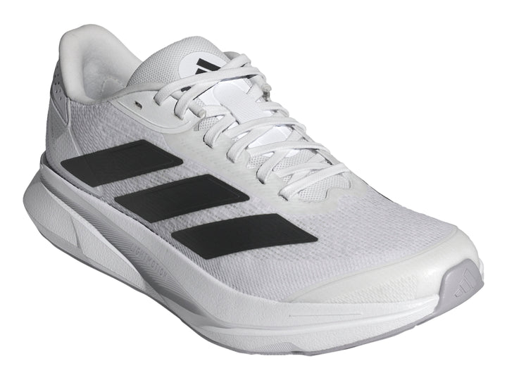 Tenis Adidas Duramo SL2 blancos con tres franjas negras laterales y suela blanca.