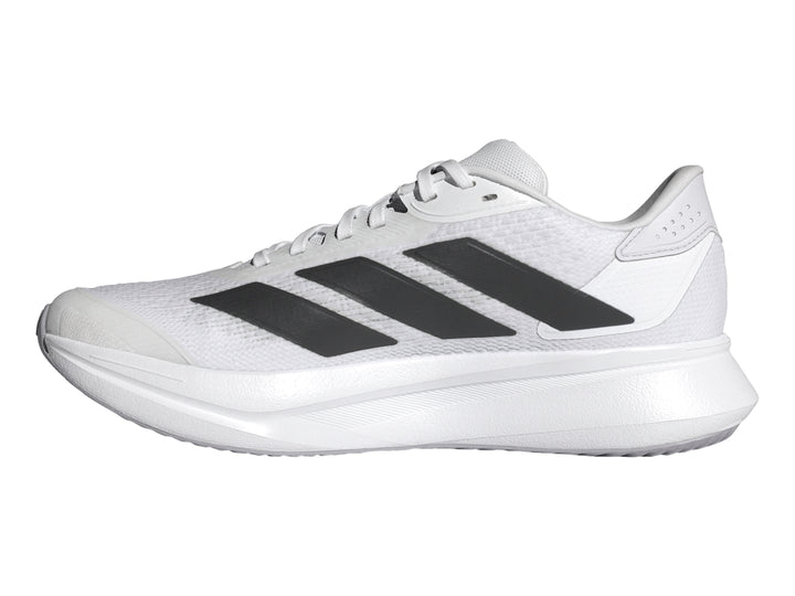 Tenis Adidas Duramo SL2 blancos con tres franjas negras laterales y suela blanca.