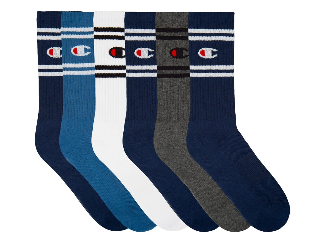Paquete de 6 calcetas largas Champion en colores azul marino, azul, blanco y gris con logotipo en la parte superior.