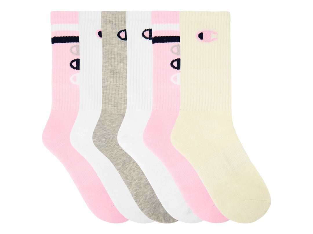 Paquete de 6 calcetas largas Champion en colores rosa, blanco, gris y beige con logotipo visible.
