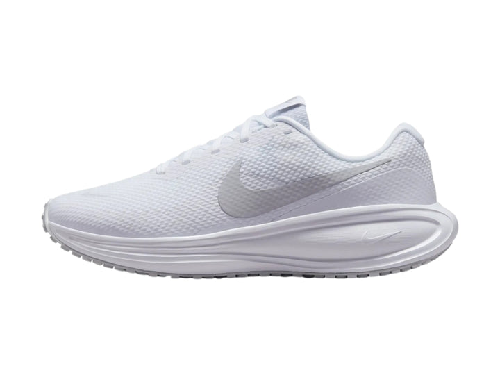 Tenis Nike Revolution 8 de color blanco, vista lateral, diseño deportivo con malla transpirable.