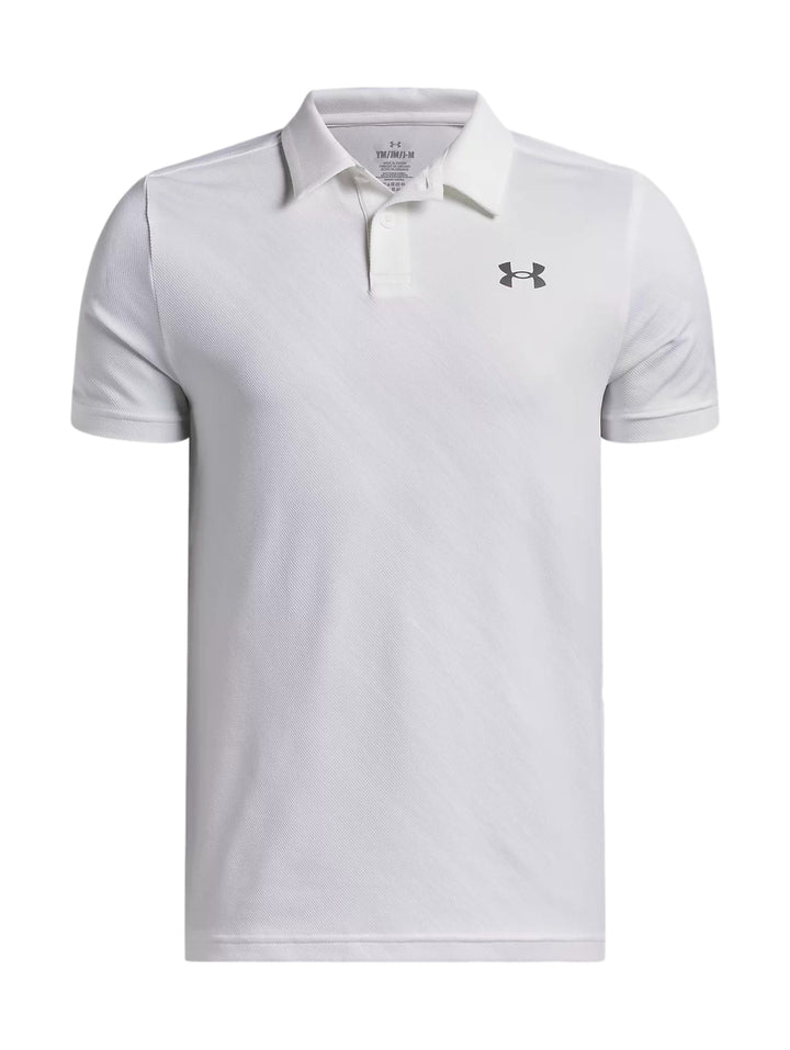 Playera polo Under Armour de color blanco con cuello y logo gris en el pecho.