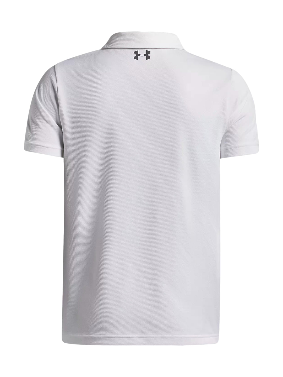Playera polo Under Armour de color blanco con cuello y logo gris en el pecho.