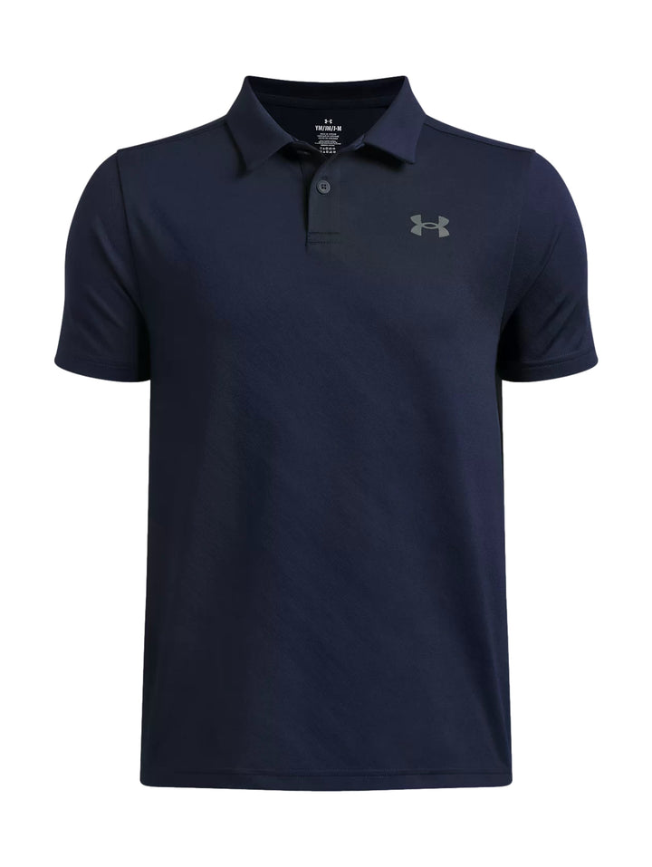 Playera polo Under Armour color azul marino con logotipo gris en el pecho.