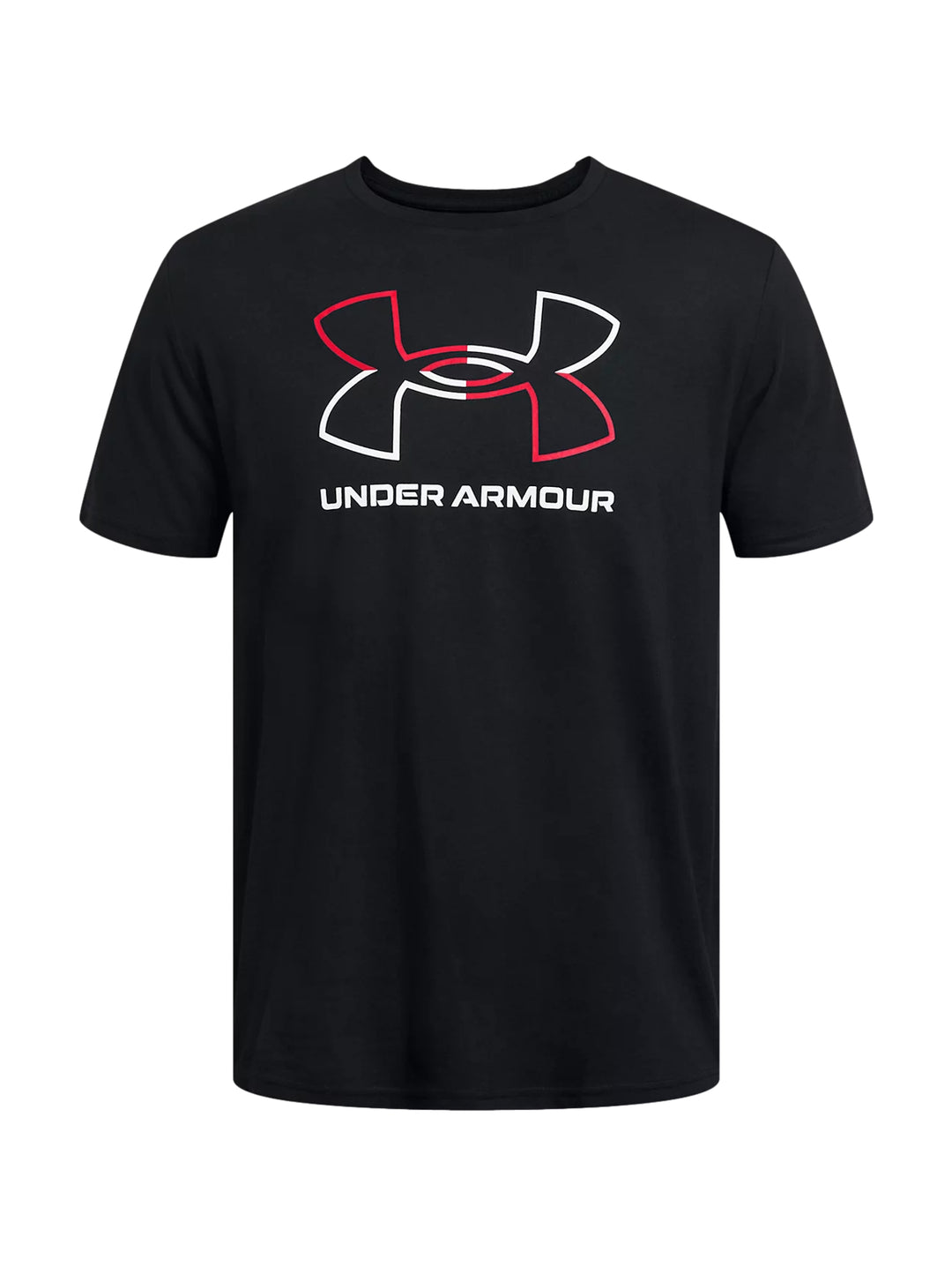 Hombre vistiendo playera deportiva Under Armour color negro con logotipo en el pecho en rojo y blanco.