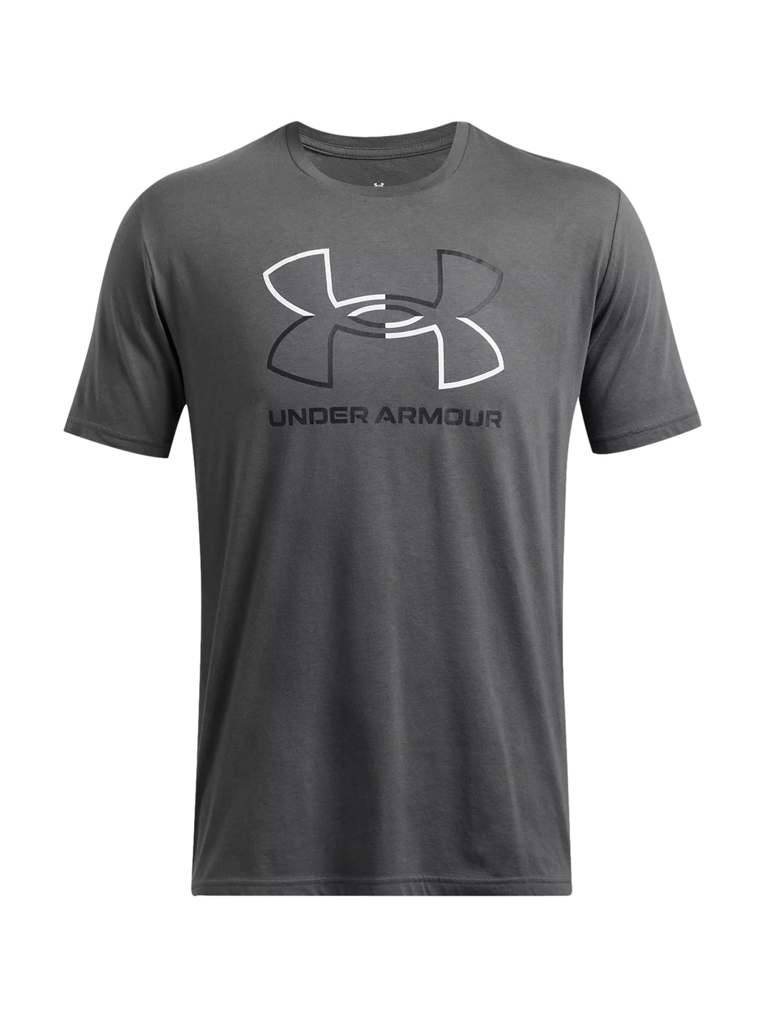 Hombre vistiendo playera deportiva Under Armour color gris con logotipo en el pecho.