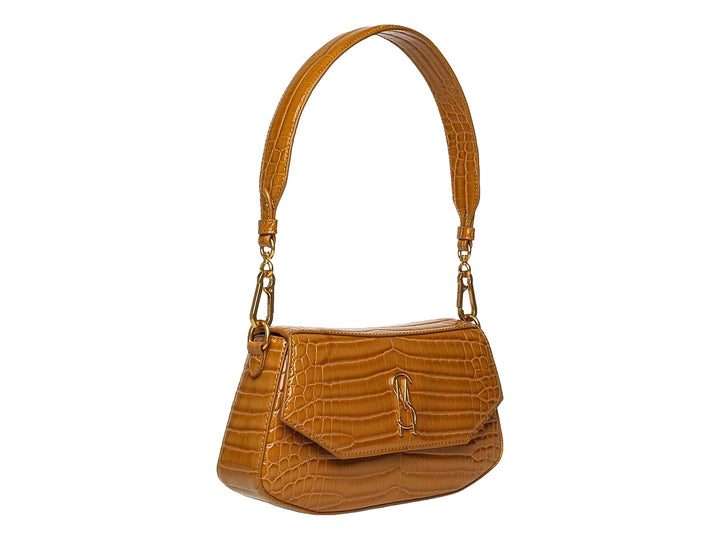 Bolsa Steve Madden color camel con textura de cocodrilo, asa superior y detalles metálicos dorados.