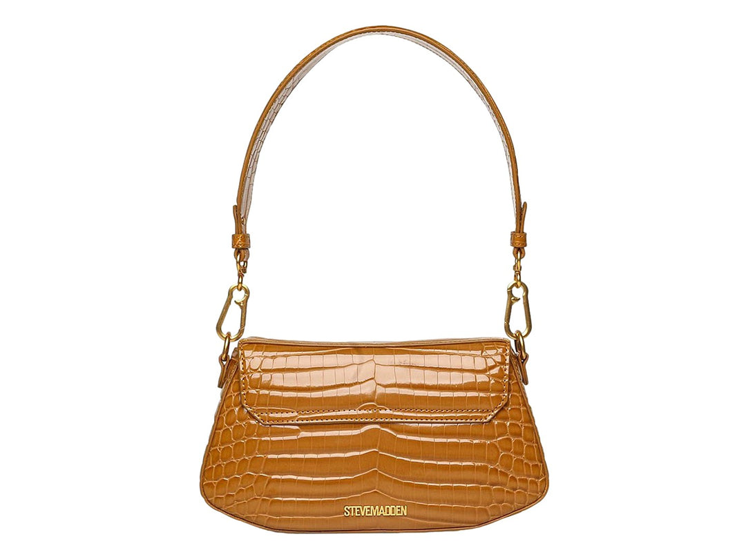 Bolsa Steve Madden color camel con textura de cocodrilo, asa superior y detalles metálicos dorados.