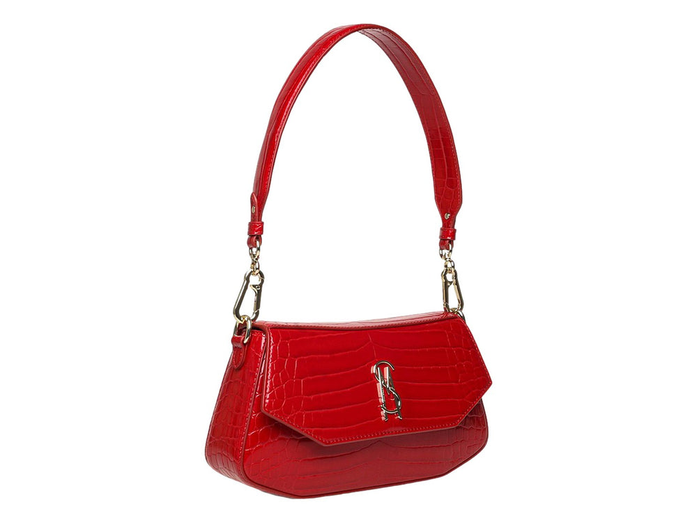 Bolsa de hombro Steve Madden color rojo con textura de piel de cocodrilo y herrajes dorados.