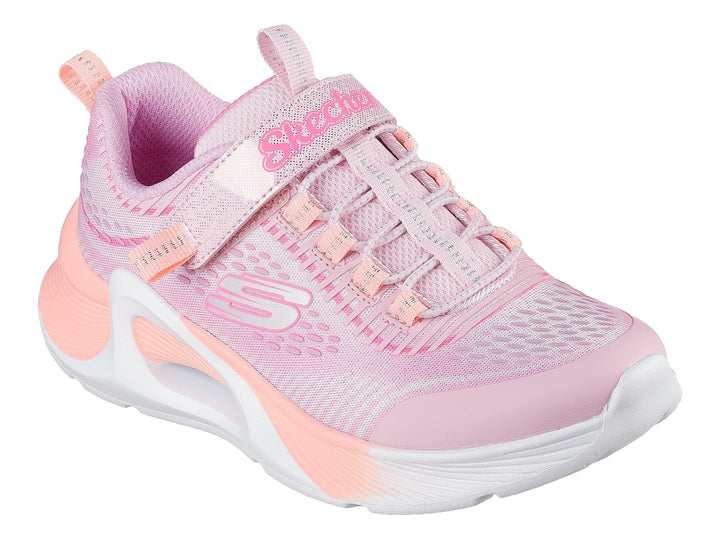 Tenis deportivos Skechers color rosa con suela blanca y correa ajustable.