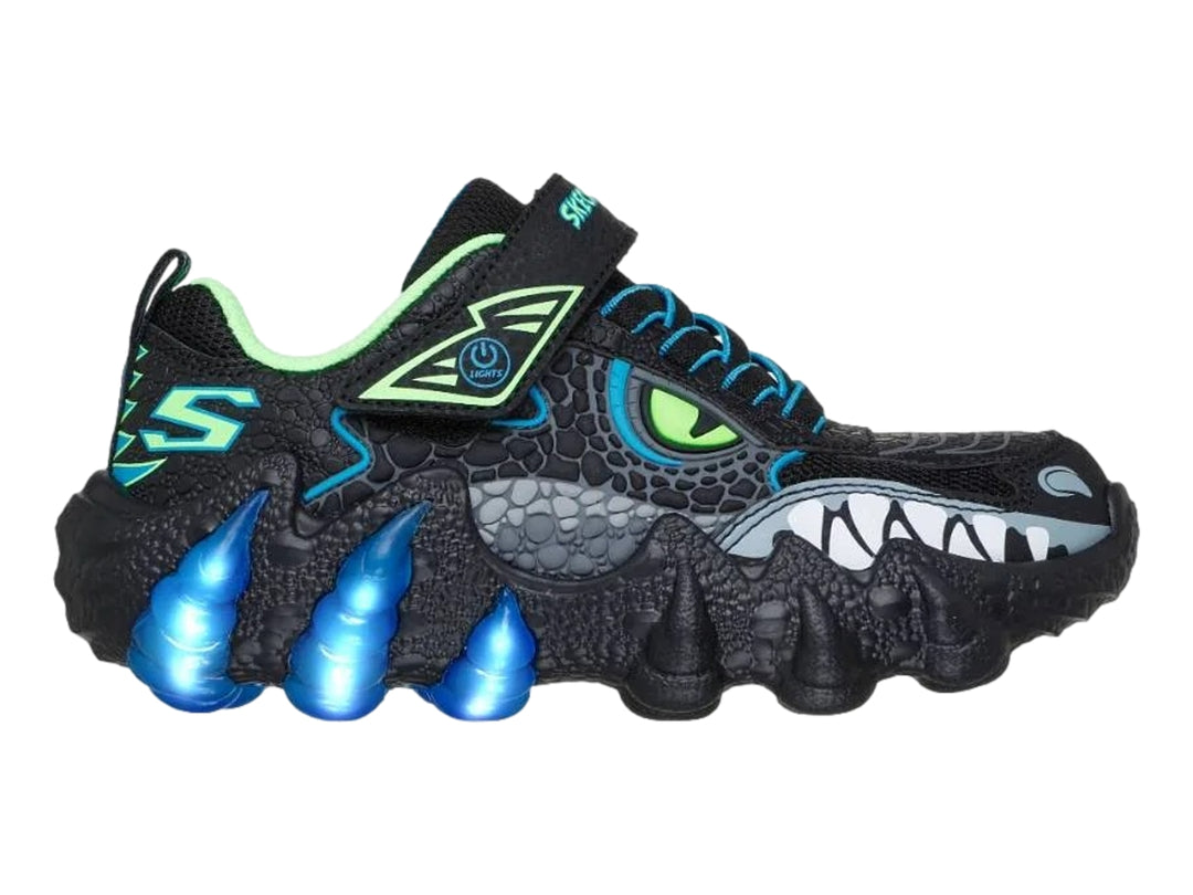 Tenis negros Skechers con diseño de dinosaurio y luces LED azules en la suela.