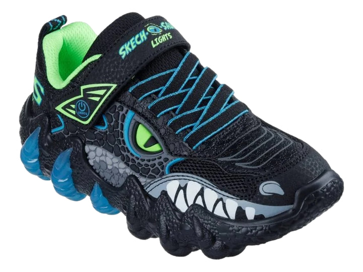 Tenis negros Skechers con diseño de dinosaurio y luces LED azules en la suela.