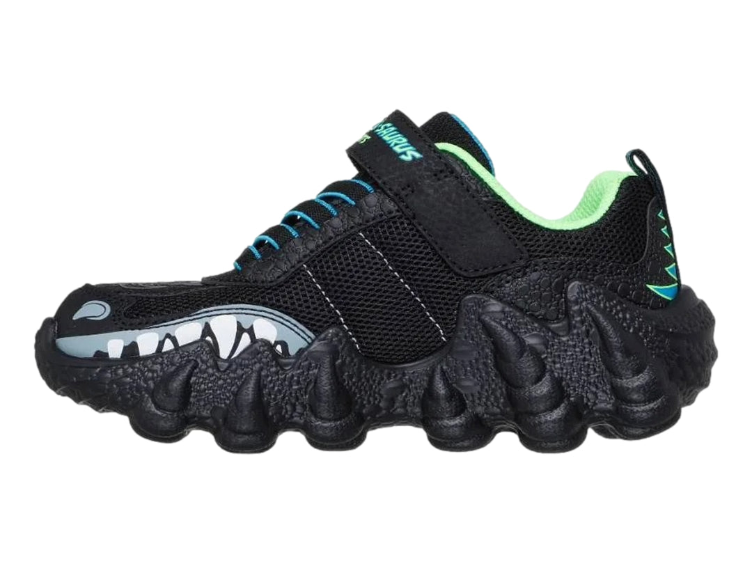 Tenis negros Skechers con diseño de dinosaurio y luces LED azules en la suela.