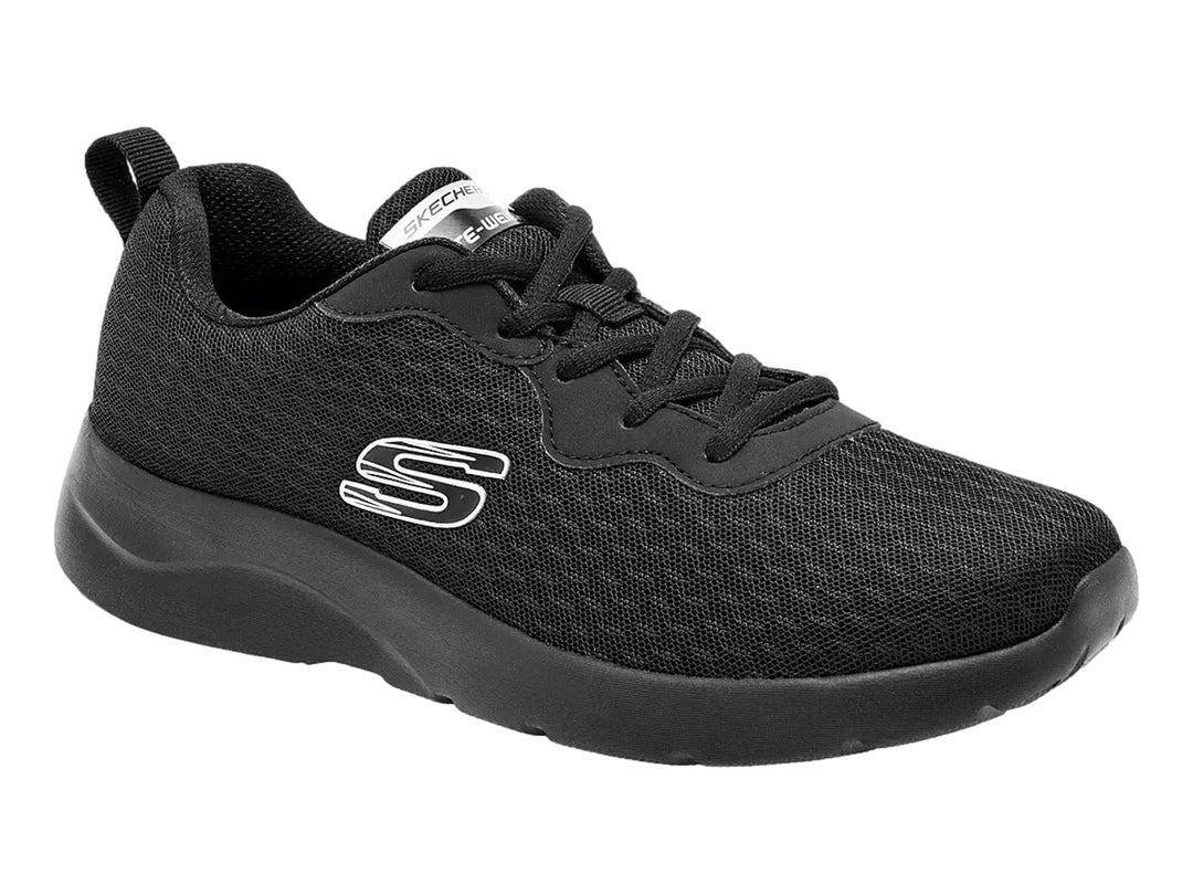 Tenis deportivos Skechers Dynamight 2.0 en color negro con suela gruesa y tejido de malla.