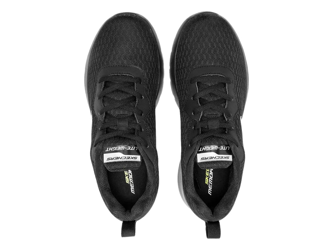 Tenis deportivos Skechers Dynamight 2.0 en color negro con suela gruesa y tejido de malla.