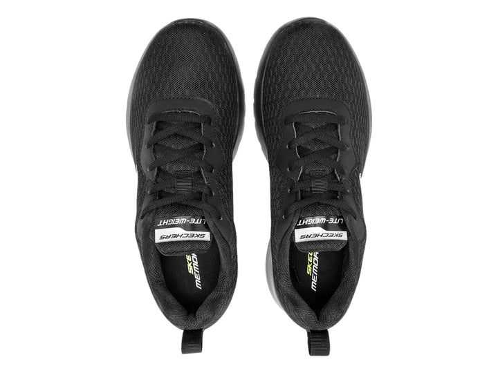 Tenis deportivos Skechers Dynamight 2.0 en color negro con suela gruesa y tejido de malla.
