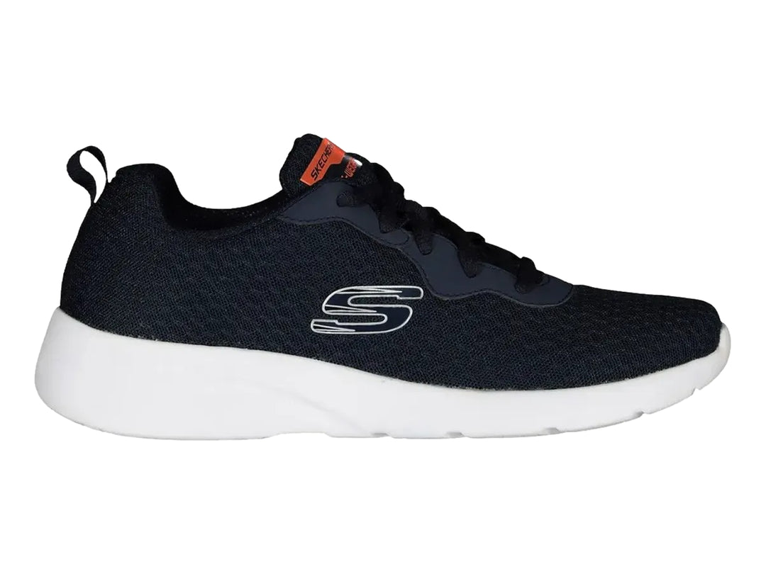 Tenis deportivos Skechers color navy con suela blanca y detalle naranja en la lengüeta.