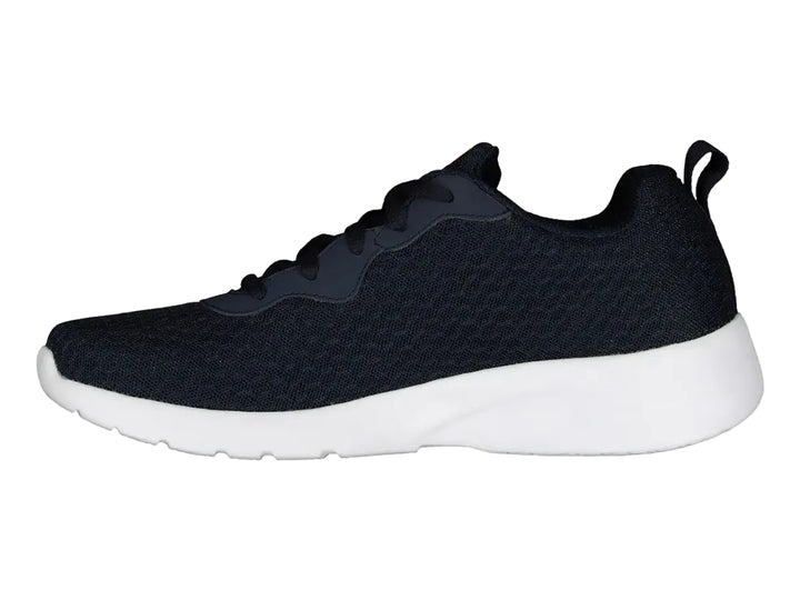 Tenis deportivos Skechers color navy con suela blanca y detalle naranja en la lengüeta.