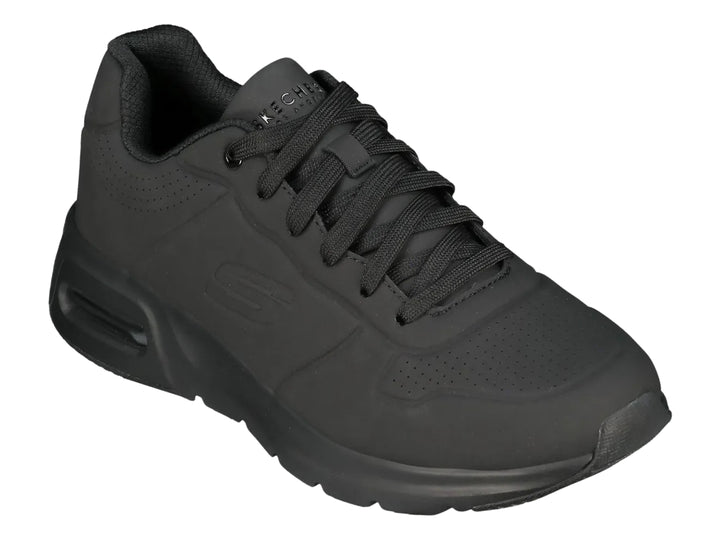 Tenis deportivos Skechers para hombre en color negro con suela amortiguada y acabado mate.