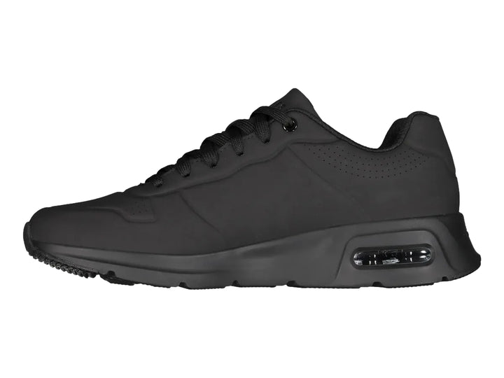 Tenis deportivos Skechers para hombre en color negro con suela amortiguada y acabado mate.