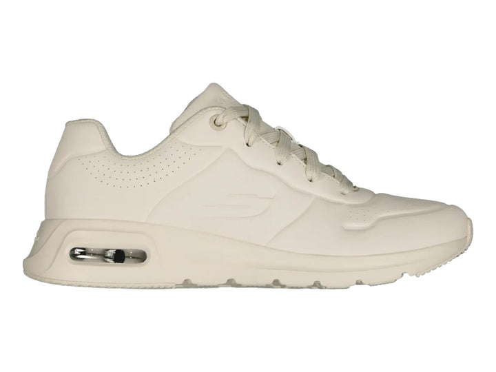 Tenis deportivos Skechers para mujer en color blanco con amortiguación visible en el talón.