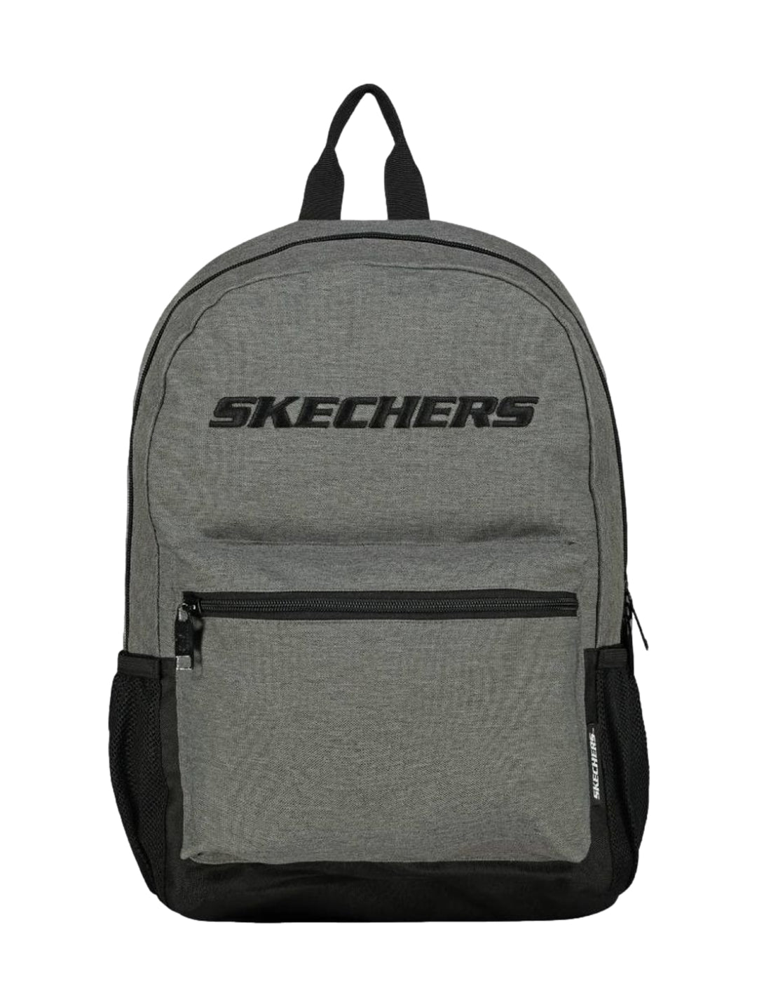 Mochila escolar Skechers en color gris con base y bolsillos laterales negros.