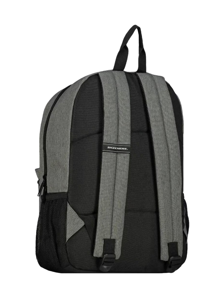 Mochila escolar Skechers en color gris con base y bolsillos laterales negros.