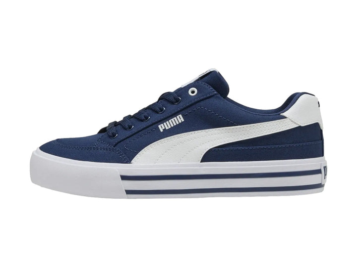 Tenis PUMA Court Classic Vulc FS en color azul persa con suela blanca y detalles en blanco.