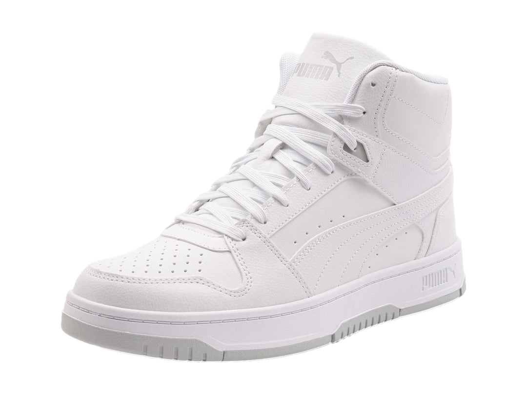 Tenis Puma Rebound Slam Mid color blanco con suela gris claro, vista lateral.