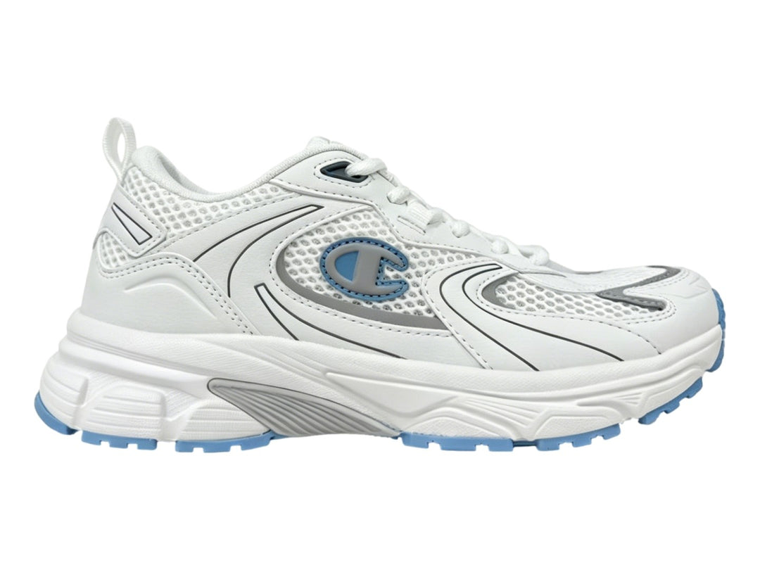 Tenis Champion Libranta color blanco con detalles en azul y suela robusta sobre fondo blanco.