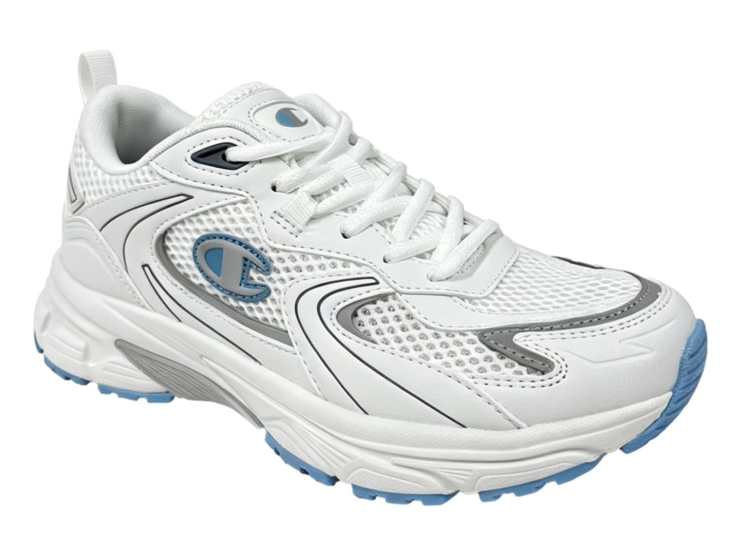Tenis Champion Libranta color blanco con detalles en azul y suela robusta sobre fondo blanco.