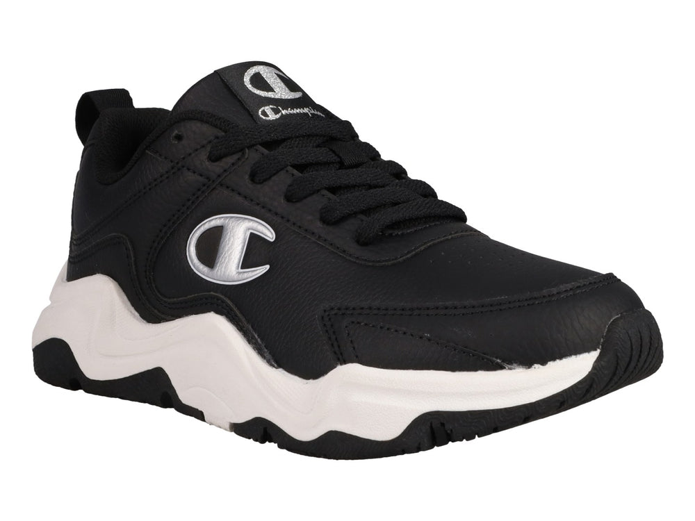 Tenis Champion Hyper V3 Next color negro con suela blanca gruesa y logo plateado lateral.