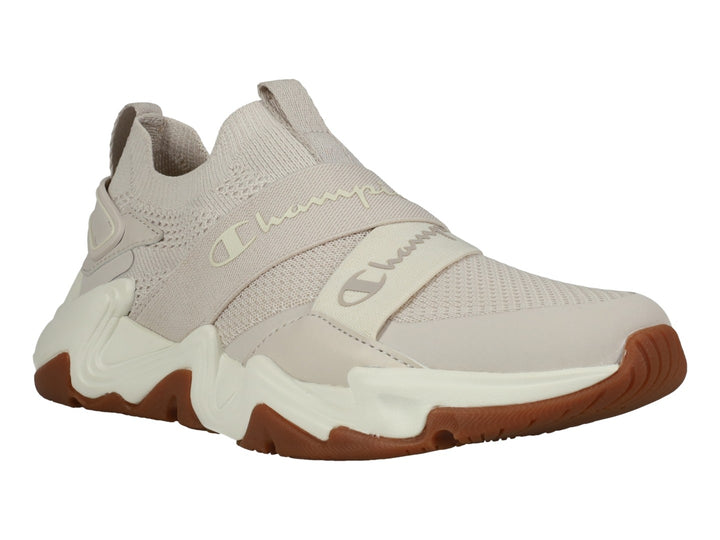Tenis Champion Hyper Neo Low en color beige con suela blanca y marrón, diseño deportivo de tejido sin cordones.
