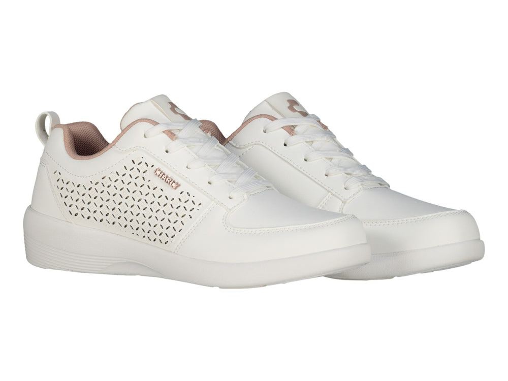 Tenis deportivos Charly color blanco con detalles en rosa y laterales perforados
