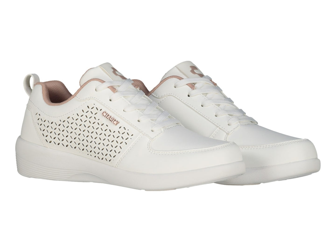 Tenis deportivos Charly color blanco con detalles en rosa y laterales perforados