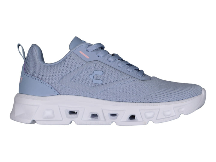 Tenis Charly Light Sport en color azul con suela blanca gruesa y detalles en rosa.
