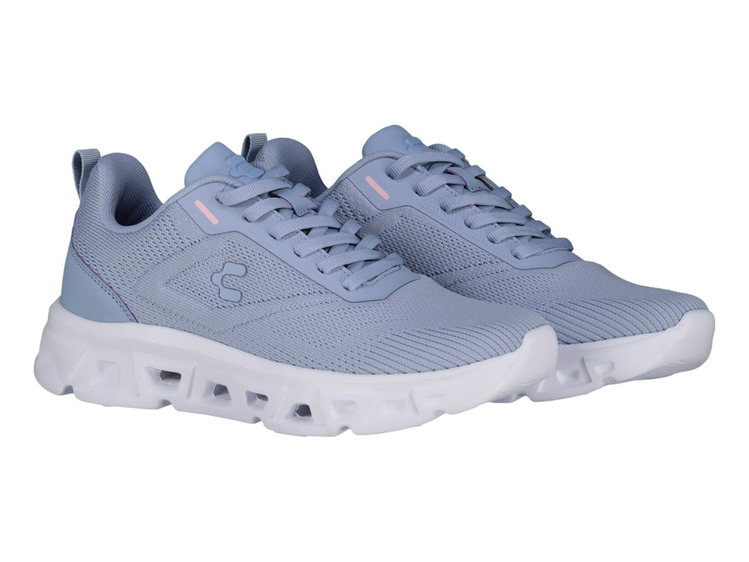 Tenis Charly Light Sport en color azul con suela blanca gruesa y detalles en rosa.