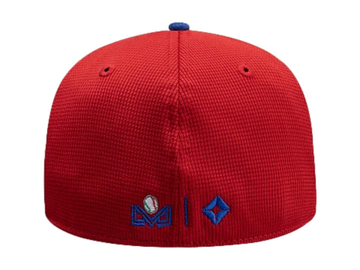Gorra New Era 59FIFTY tricolor en blanco, rojo y azul con visera plana y bordado frontal azul.