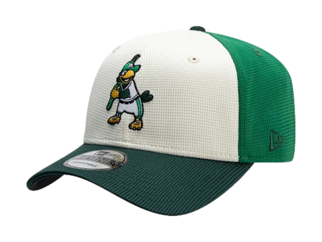 Gorra New Era 970 bicolor en verde oscuro y blanco con bordado frontal y visera curva.