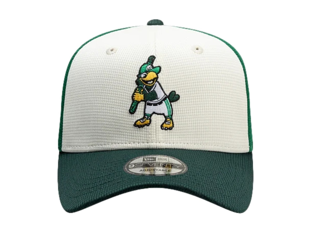 Gorra New Era 970 bicolor en verde oscuro y blanco con bordado frontal y visera curva.