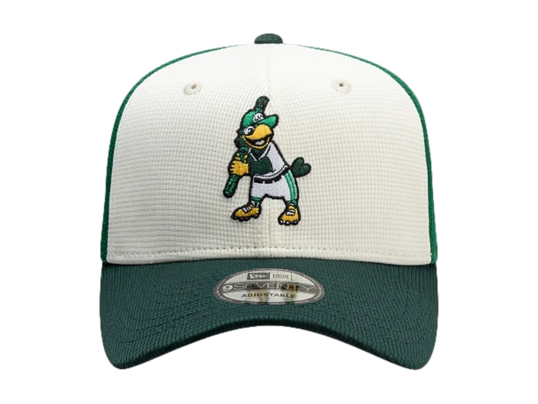 Gorra New Era 970 bicolor en verde oscuro y blanco con bordado frontal y visera curva.