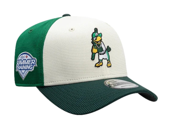 Gorra New Era 970 bicolor en verde oscuro y blanco con bordado frontal y visera curva.