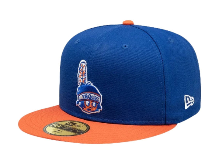 Gorra New Era 59FIFTY color azul con visera naranja y logo bordado de Yaquis en el frente.