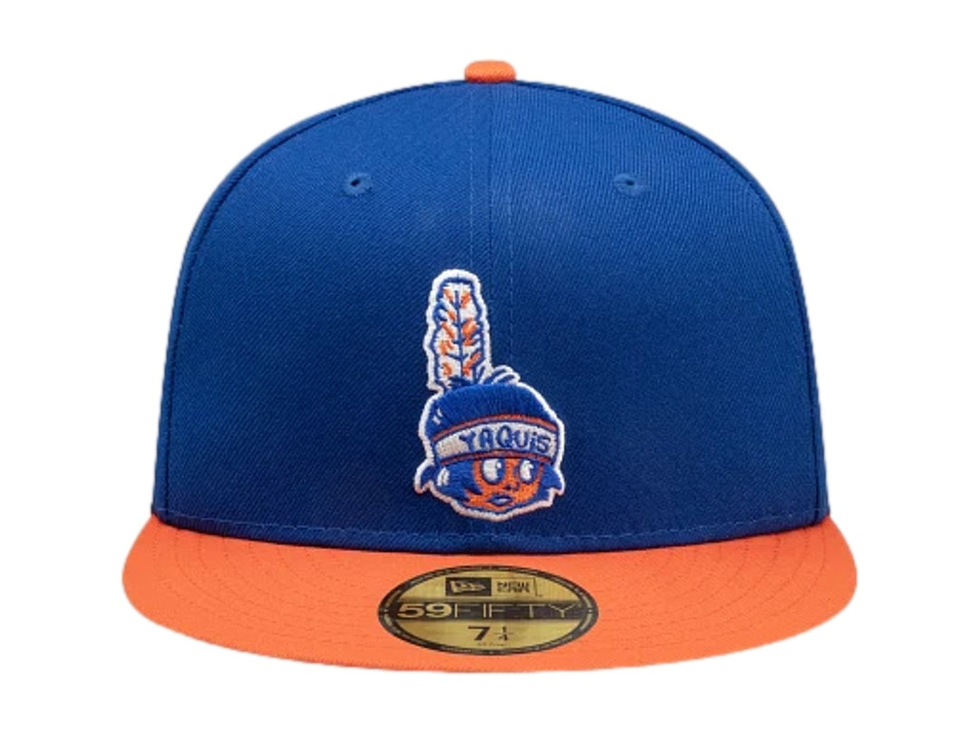 Gorra New Era 59FIFTY color azul con visera naranja y logo bordado de Yaquis en el frente.