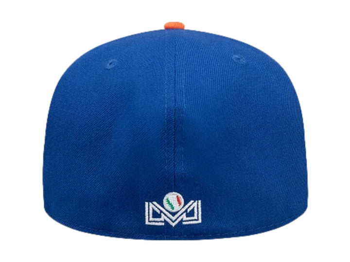 Gorra New Era 59FIFTY color azul con visera naranja y logo bordado de Yaquis en el frente.