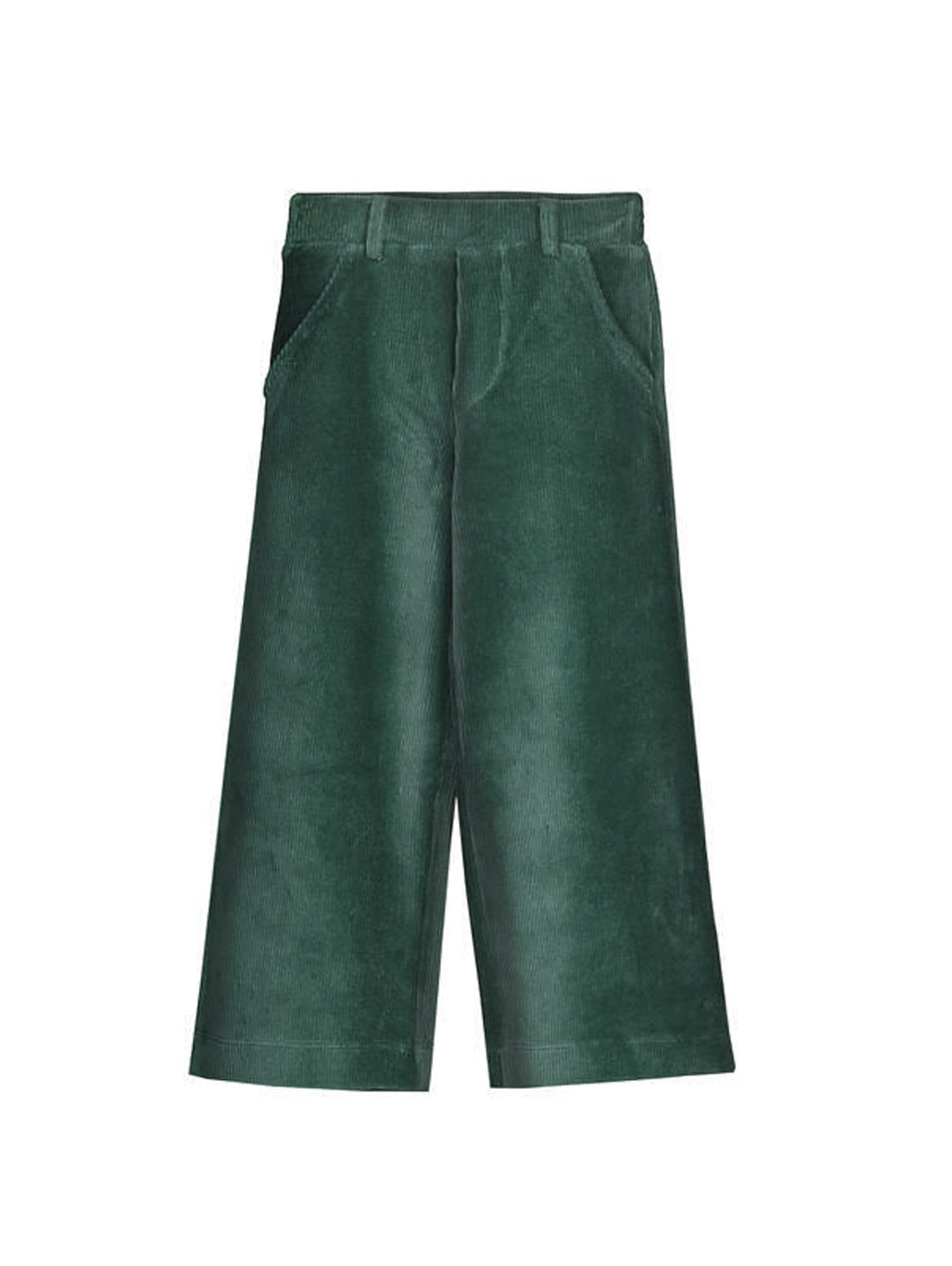 Pantalón infantil de pana en color verde botella con corte recto y bolsillos frontales.